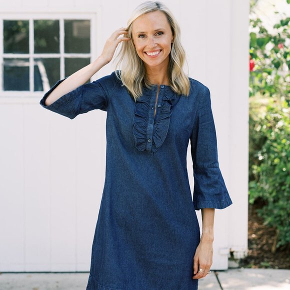 Sz 10 Draper James Chambray Ruffle Shift Dress in Dark Wash - Picture 6 of 16